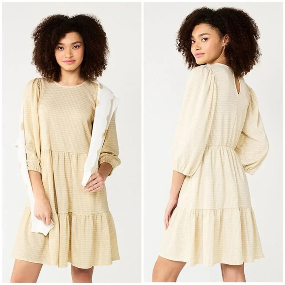 Draper James RSVP Size‎ XXL Puffed Sleeve Tiered Dress Gold Cream Plus Size Midi - Picture 1 of 13